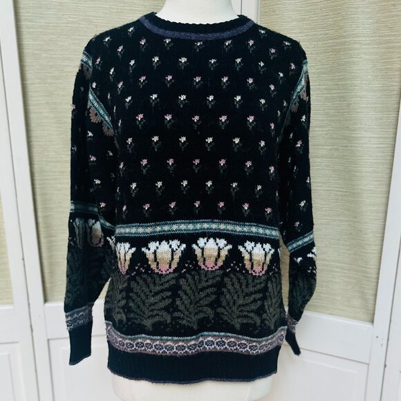 Vintage 70s Floral Patterned Sweater Black Purple Pink Green Tulip Sweater Wool - Picture 1 of 5